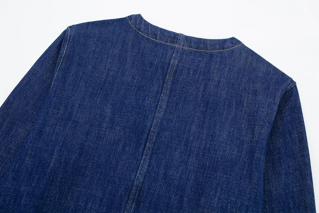 HH 2024 Spring Women 2 Piece Denim Trousers Suits Solid O Neck Coat Top + Pockets Elegant Female Straight Wide Leg Long Pant
