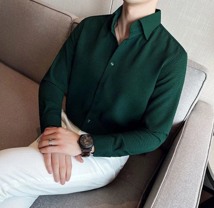 Male Shirts Green Plain Men's Shirt Business Waffle Designer Fashion 2025 Hipster Regular Elegant Slim Fit Cheap Brand Social I