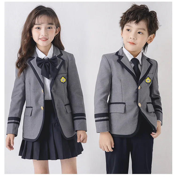 Child School Uniform Girls Korean Japanese Navy Jacket Pleated Skirt Boys Formal Dress Suits Kids Student Clothes Class Sets