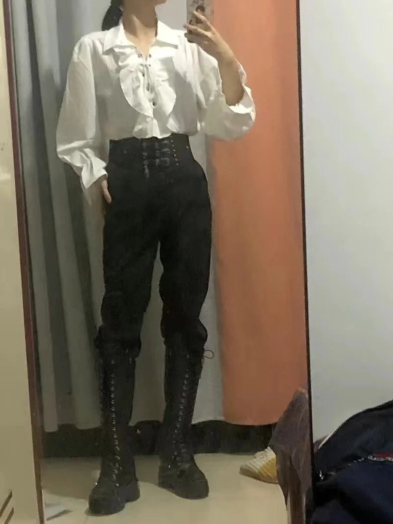 2025 New Women Pirate Shirt Vampire Prince Poet Shirts Medieval Buccaneer Frills Lace Up Renaissance Vintage Gothic Blouse Tops