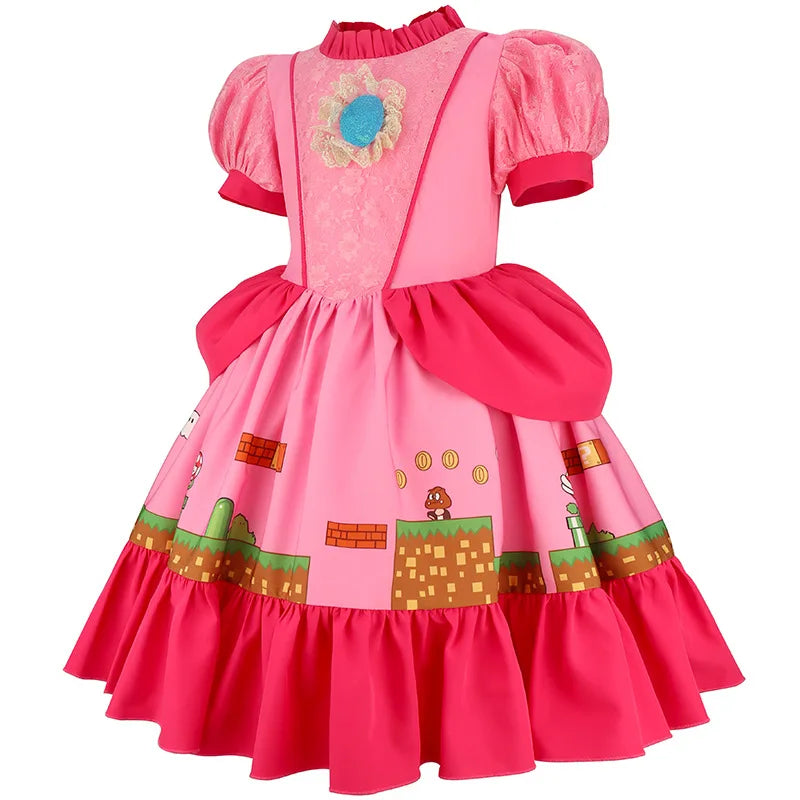 Kids Girls Summer Dresses Short Sleeve Print Costume New Movie Peach Princess Cosplay Dress Children Party Dress Birthday Gift