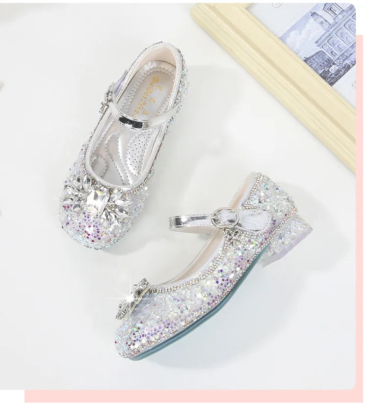 Girls Leather Shoes Fashion Flat Child New Sequin Flash Single Shoes Little Kids Crystal Princess Footwear Wedding Party Shoes