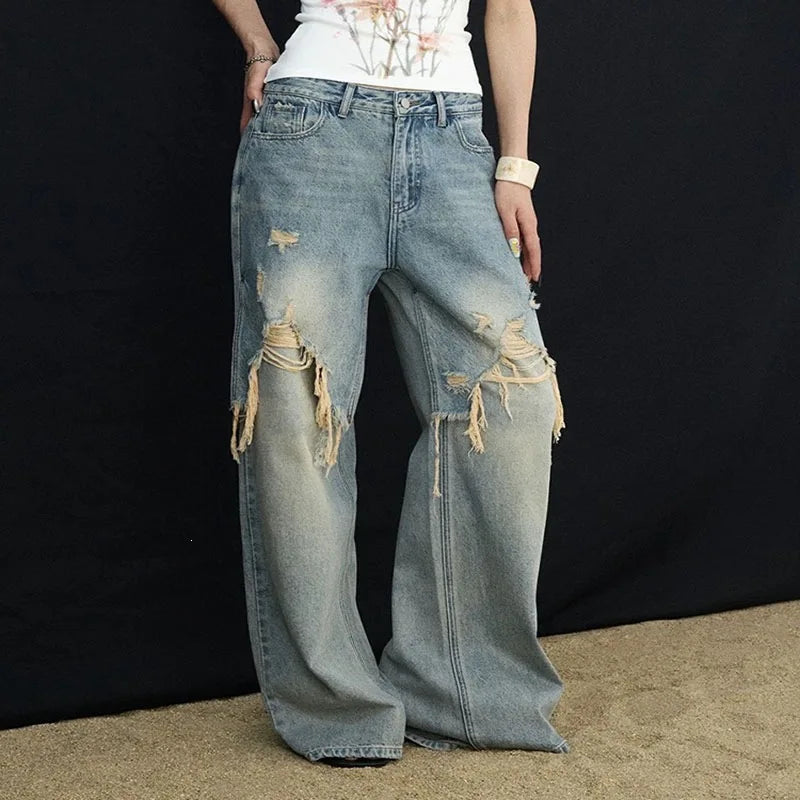 2026 New Women's Jeans Trendy Brand High Street Splicing Distressed Loose Casual Wide Legs Straight Long