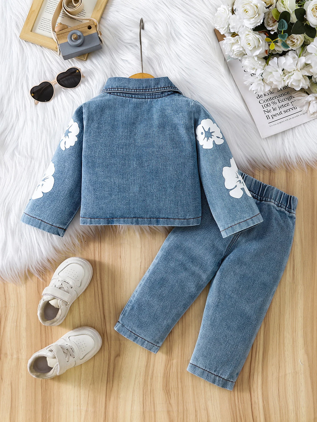 Girls Denim Floral Print Outfit Sweet Cool Casual Wear Resistant Fabric Jacket with Metal Buckle Floral Decoration Casual Style