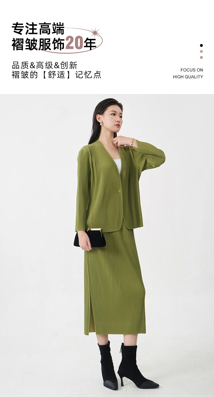 Fast Shipping Women's Fashion Set High Quality Top and Skirt Two Piece Office Set Miyake Pleated Set