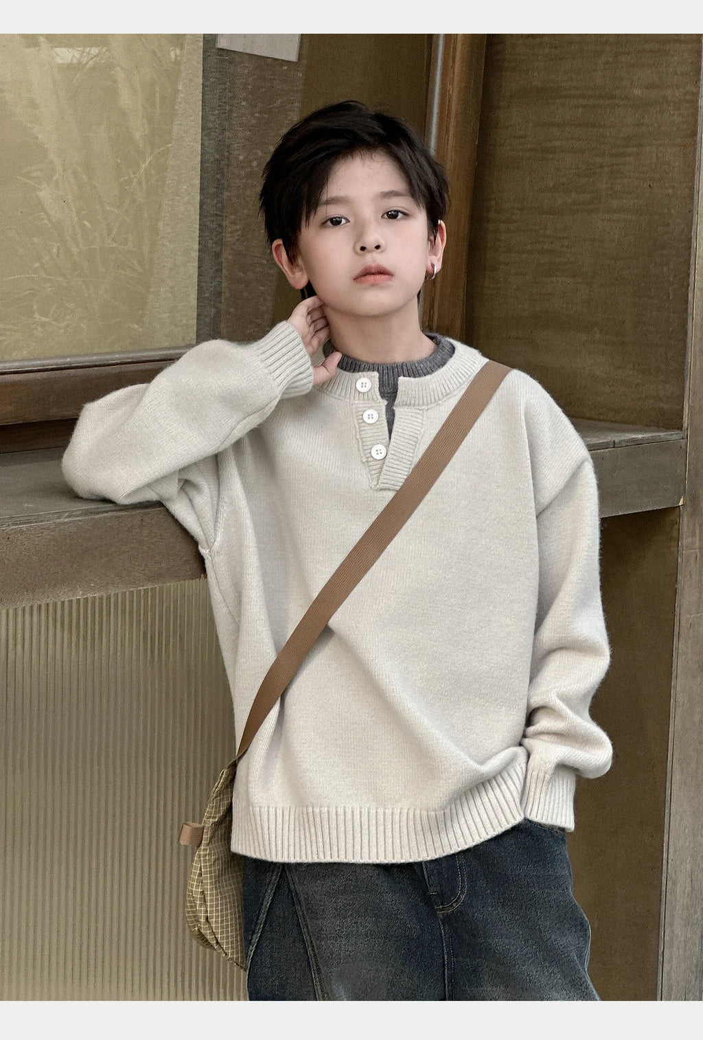 Child Minimalism Style V-Neck Sweater for Tween Boy Beige Grey Color Knitwear Korean Kids Spring Autumn Casual Knitted Clothing