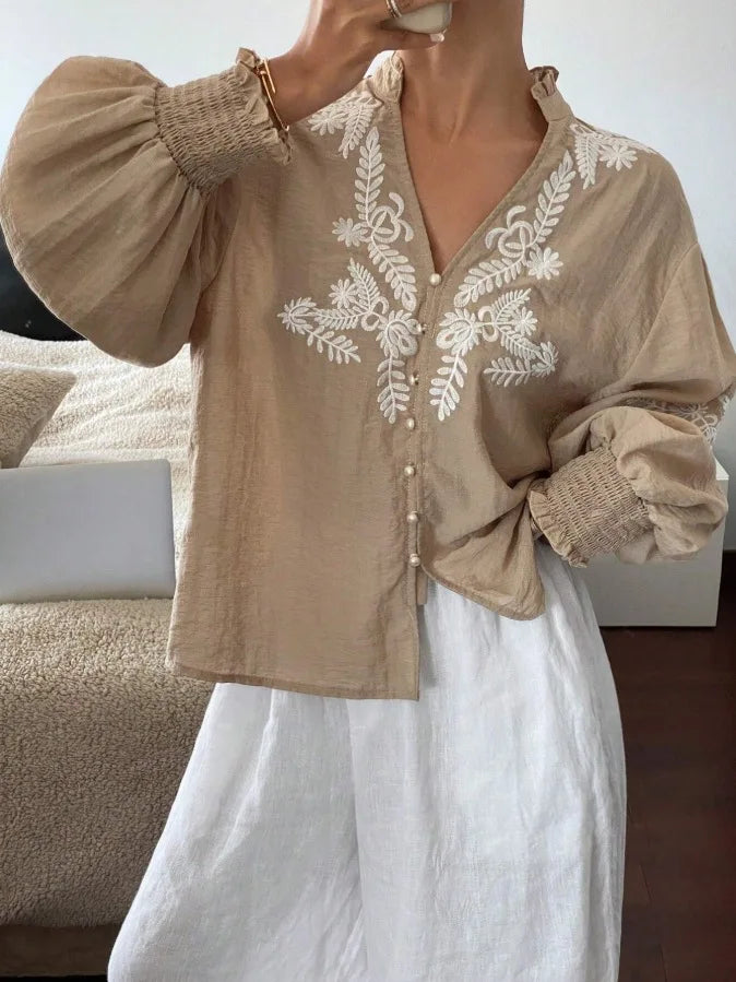 Women Autumn Single Breasted V-neck Blouses and Shirts Ladies Casual Embroidery Long Sleeve Shirt Tops