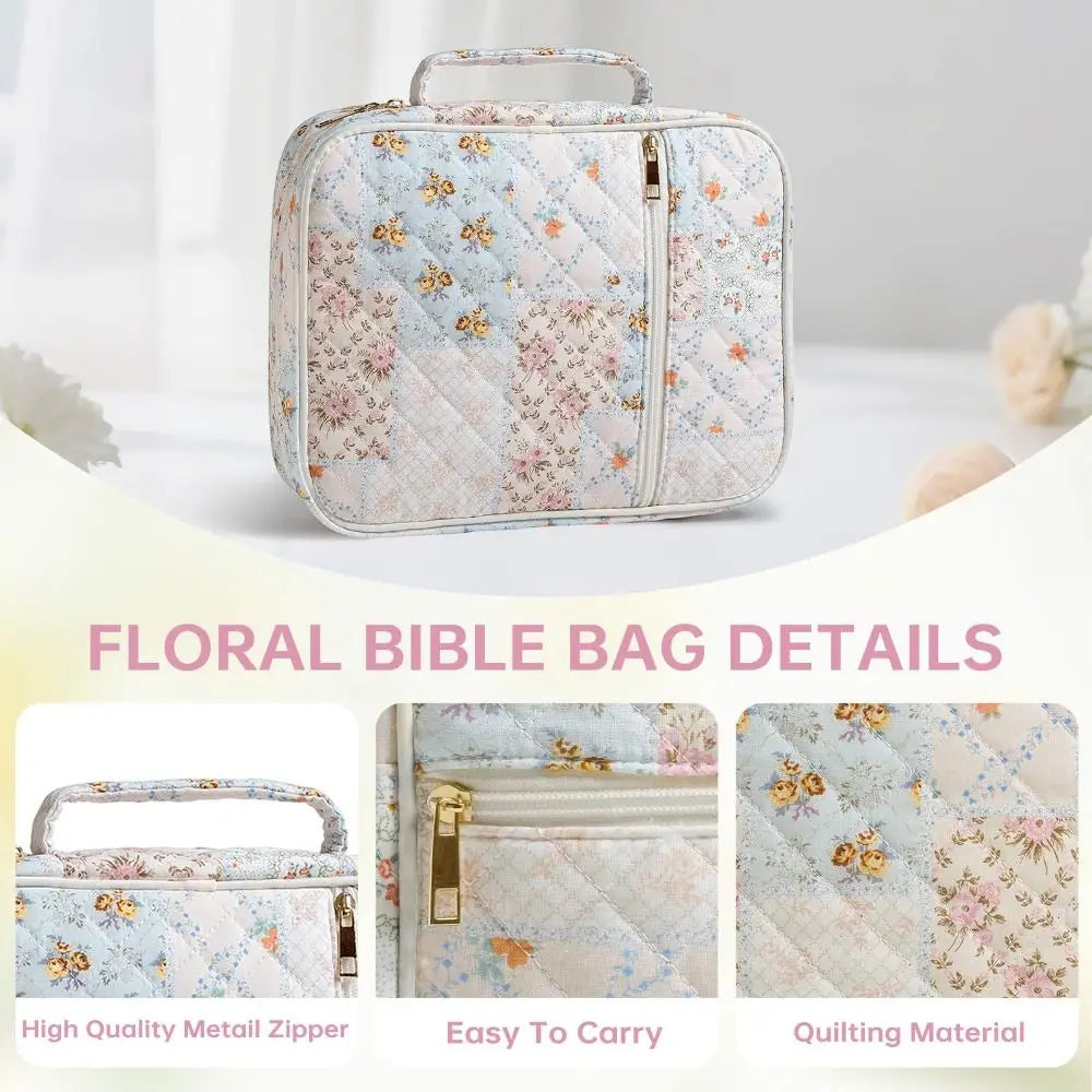 New Floral Bible Cover Large Capacity with Handle Church Bag Quilted Cotton Multilayer Bible Bag for Christian Gifts