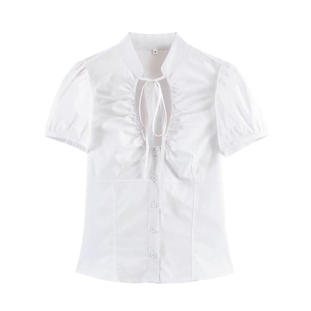 Women Sexy V-Neck Single Breasted Crop Shirts 2026 Summer Female Chic Bow Lace-Up Puff Sleeve Slim Shirts Y2K Girl Cute Shirt