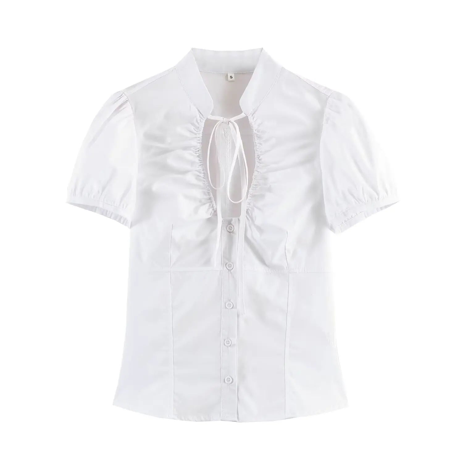 Women Sexy V-Neck Single Breasted Crop Shirts 2026 Summer Female Chic Bow Lace-Up Puff Sleeve Slim Shirts Y2K Girl Cute Shirt