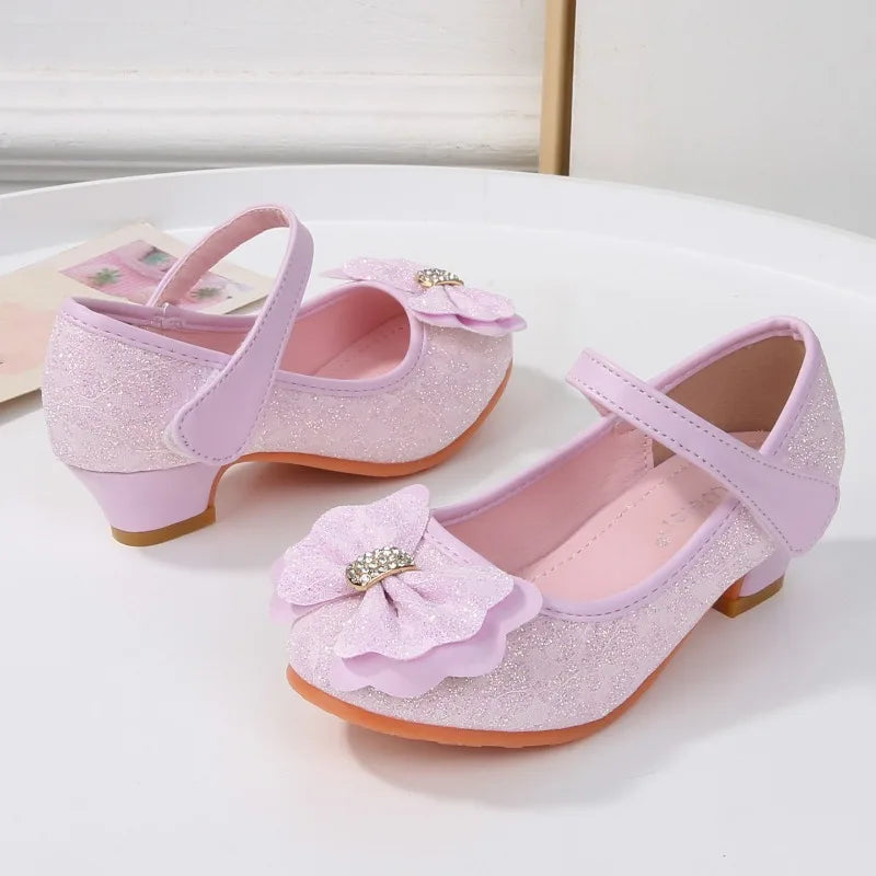 Elegant Girl High Heel Shoes for Princess 2026 New Children's Baby Fashion Party Shoes Sweet Bowknot Kids Sequins Leather Shoes