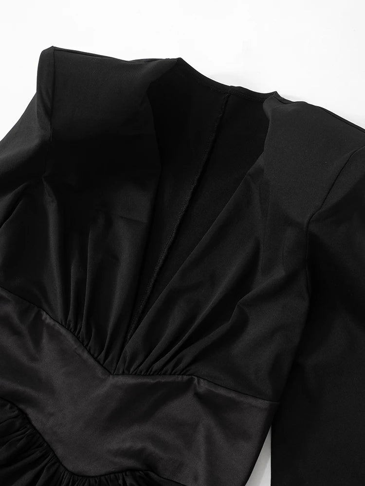 Nibber Elegant Women Dress Deep v-Neck Long Sleeves High Slits Skinny Solid Classic Premium Ruffles Temperament Banquet Vestidos