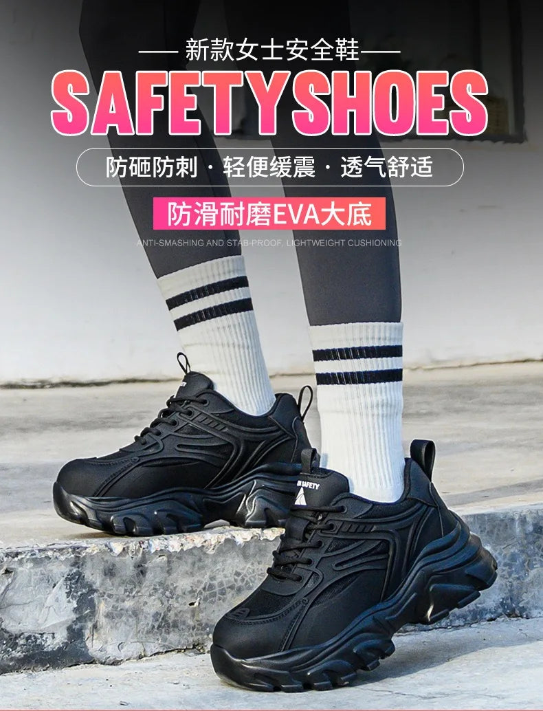 Women's safety shoes with steel toe caps, anti smashing and anti puncture rotating buttons, no tie up, hot selling shoes
