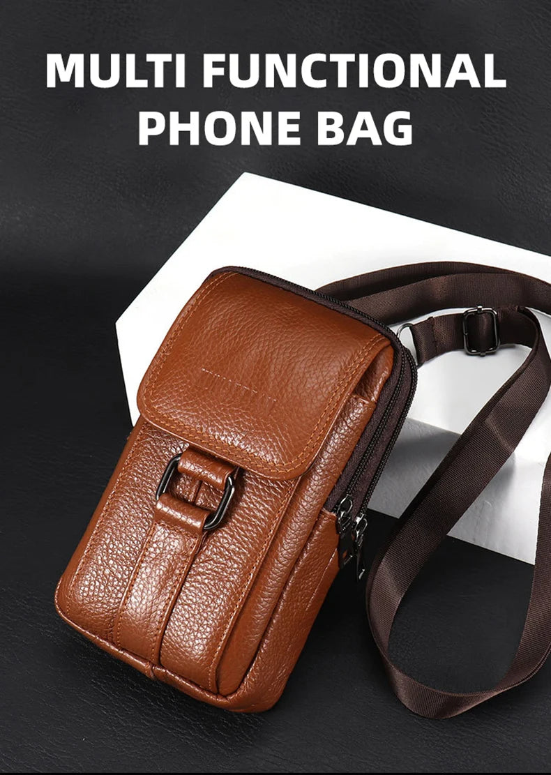 Men's Mobile Phone Waist Bag Outdoor Work Chest Bag PU Cigarette Case Key Chain Wear Belt Backpack Sport Hiking Portable Satchel