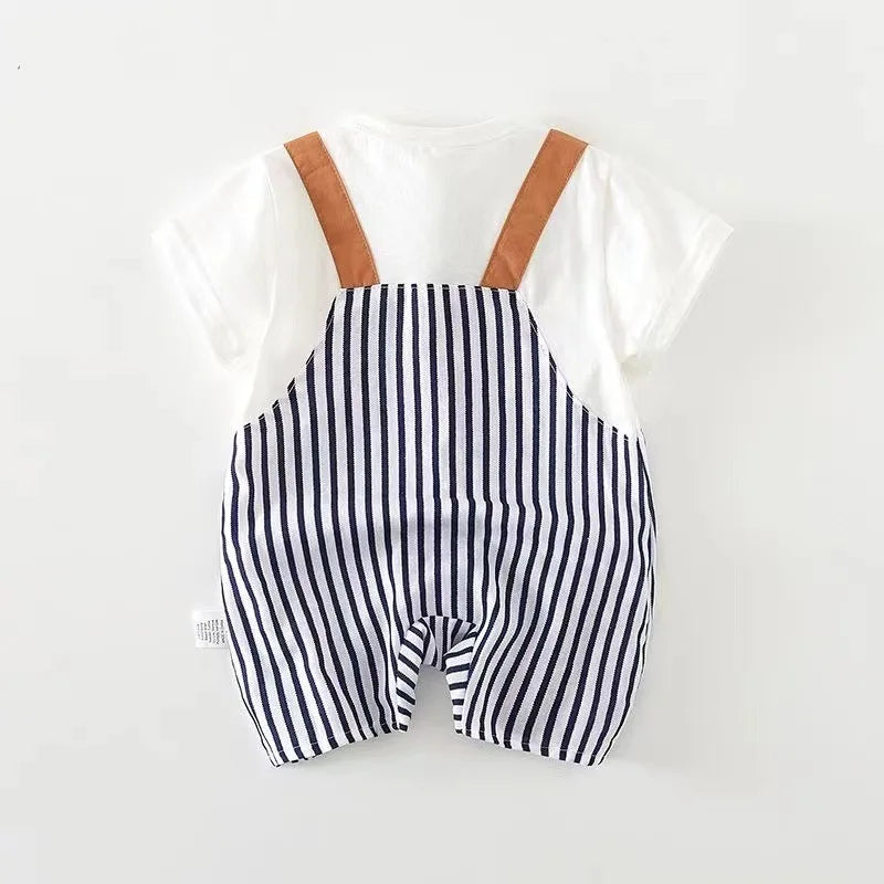 Somenie  Infant Summer Romper Thin Cloth Pure Cotton Boys' StripedFaux Two-piece Jumpsuit  Kids Homewear