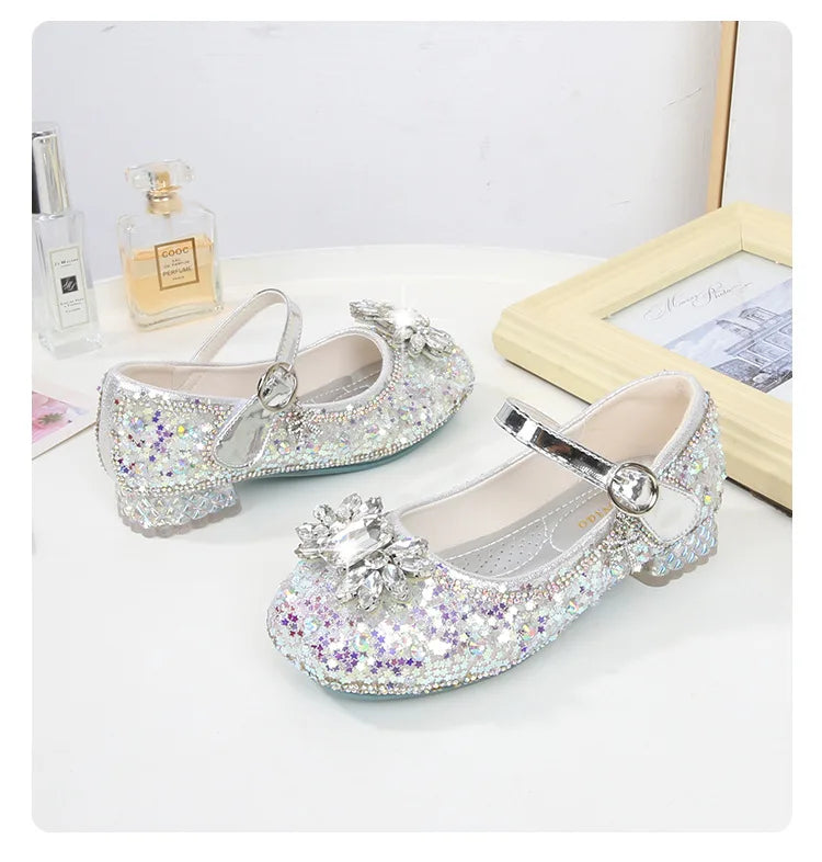 Girls Leather Shoes Fashion Flat Child New Sequin Flash Single Shoes Little Kids Crystal Princess Footwear Wedding Party Shoes