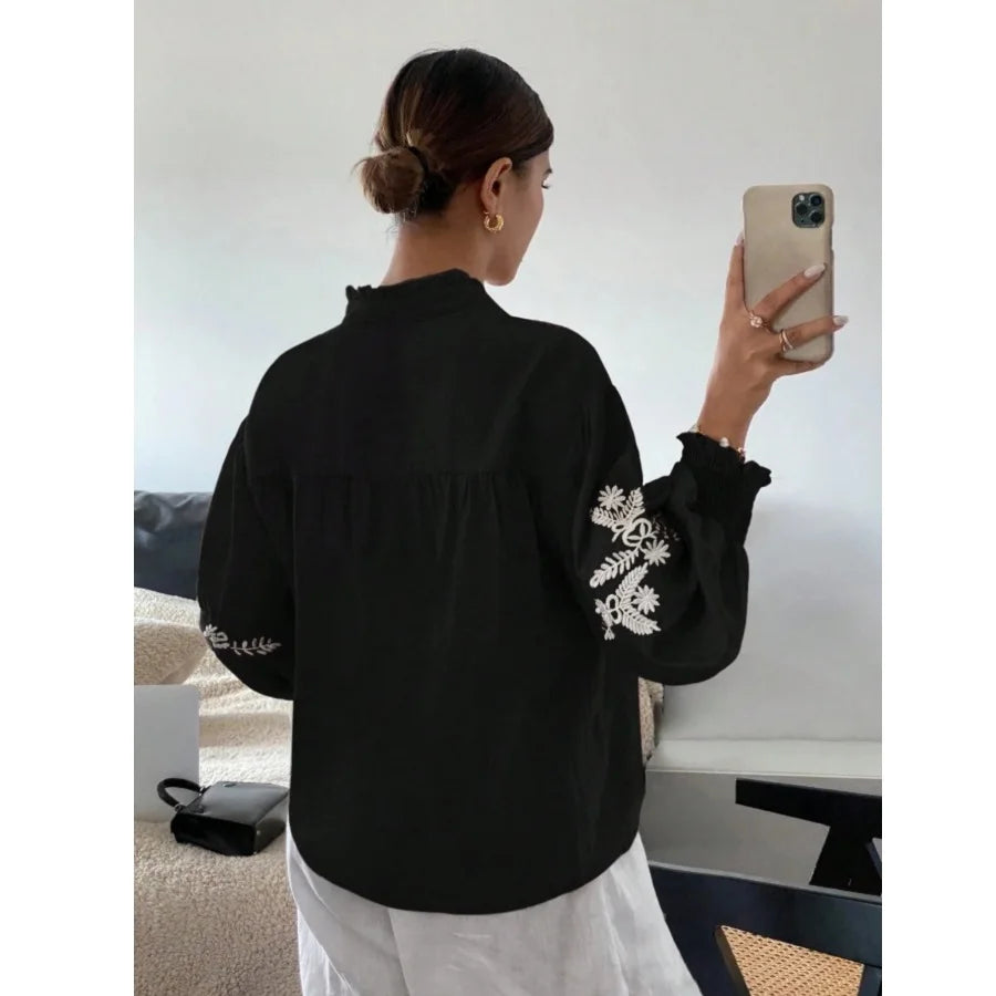 Women Autumn Single Breasted V-neck Blouses and Shirts Ladies Casual Embroidery Long Sleeve Shirt Tops