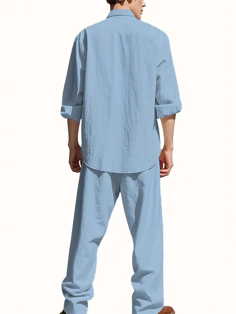 Men's White Linen Suit Set Long Sleeve Henley Shirt and Elastic Waist Pants Two Piece Outfit Summer Casual Comfortable