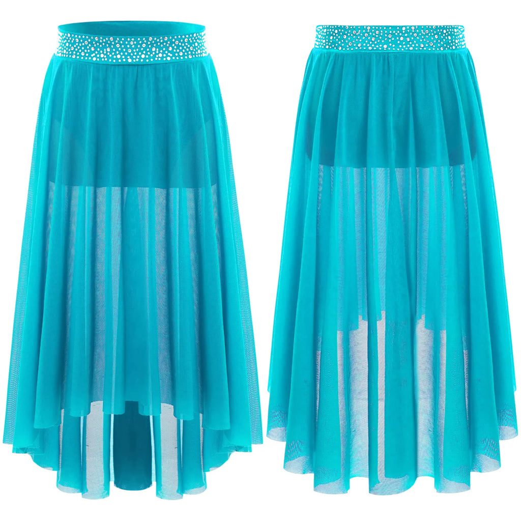 Kids Girls Lyrical Modern Dance Skirt Shiny Rhinestones Open Front Flowy Sheer Mesh Skirt with Built-in Briefs Ballet Dresses