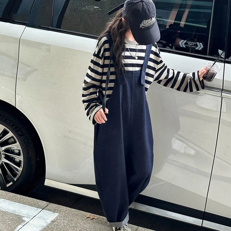 Girls 2 Piece Outfit Korean Style Kids Striped Long Sleeve T-shirt + Loose Denim Overalls Set Spring Autumn Children's Clothing