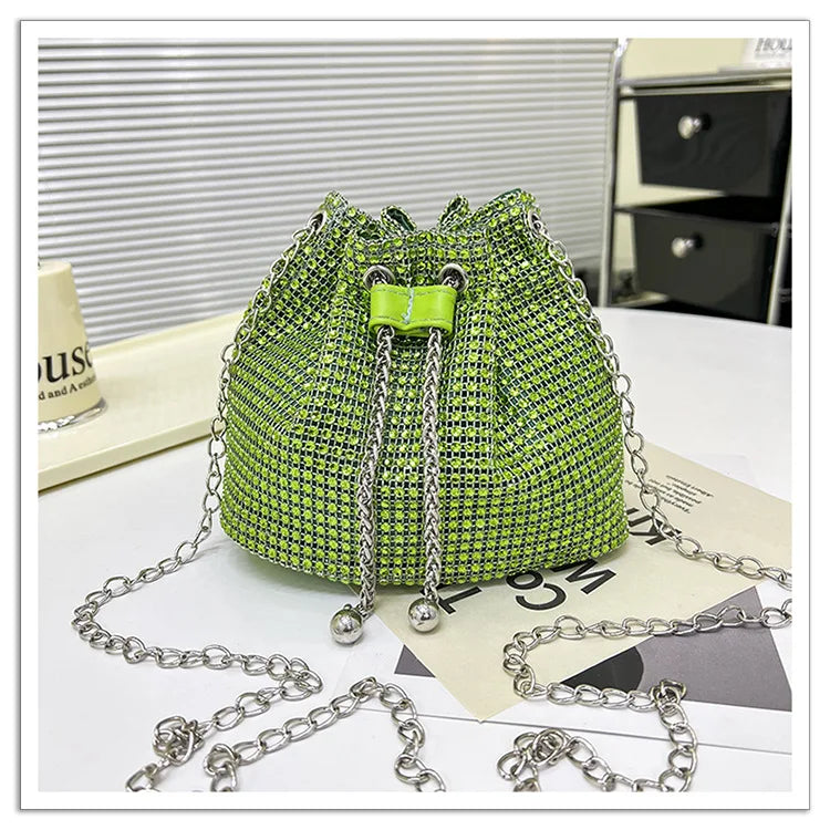 Women Luxury Shoulder Bag Solid Color Rhinestone Glittering Satchel Bag Drawstring Shinny Sling Purse Dinner Party Bag
