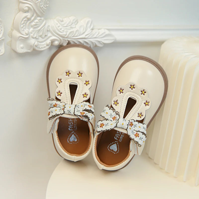 Cute bow Leather Girls Shoes 2025 New T-strap Oxfords Spring Kids Soft Shoes For Girl School Children Princess Dress Shoes