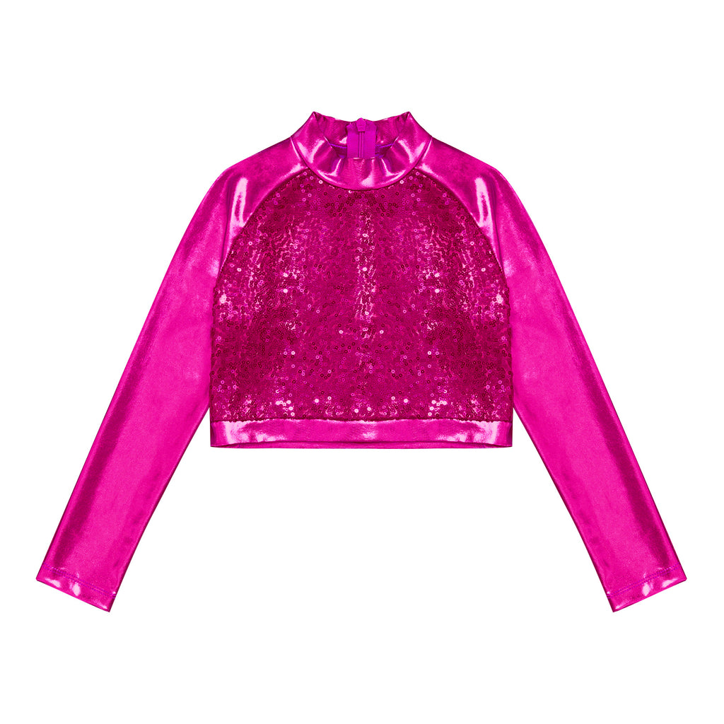 Kids Girls Shiny Metallic Crop Top Mock Neck Long Sleeve Front Sequin Fully Lined Athletic T-Shirts Jazz Hip-hop Dance Tops