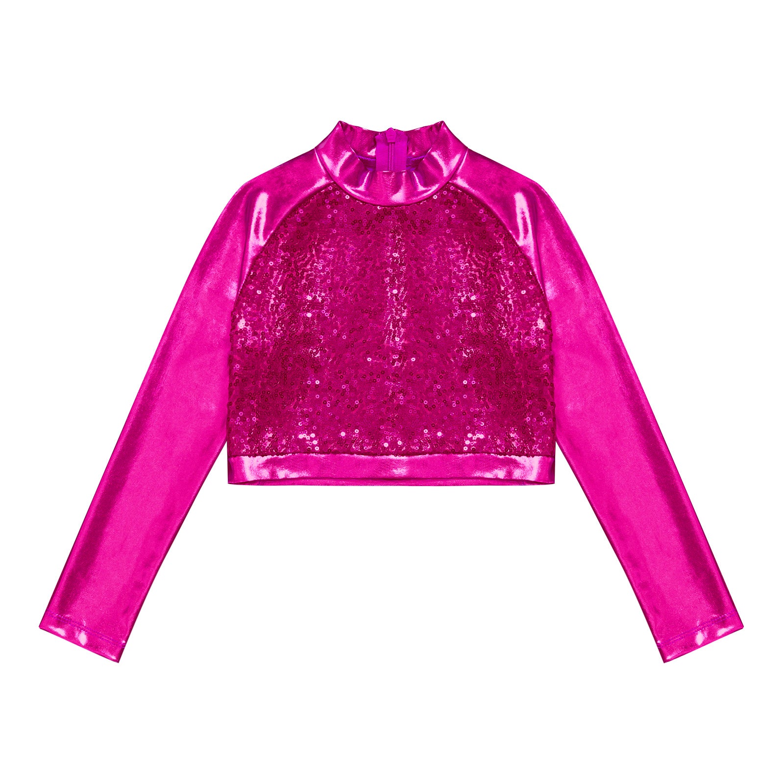 Kids Girls Shiny Metallic Crop Top Mock Neck Long Sleeve Front Sequin Fully Lined Athletic T-Shirts Jazz Hip-hop Dance Tops