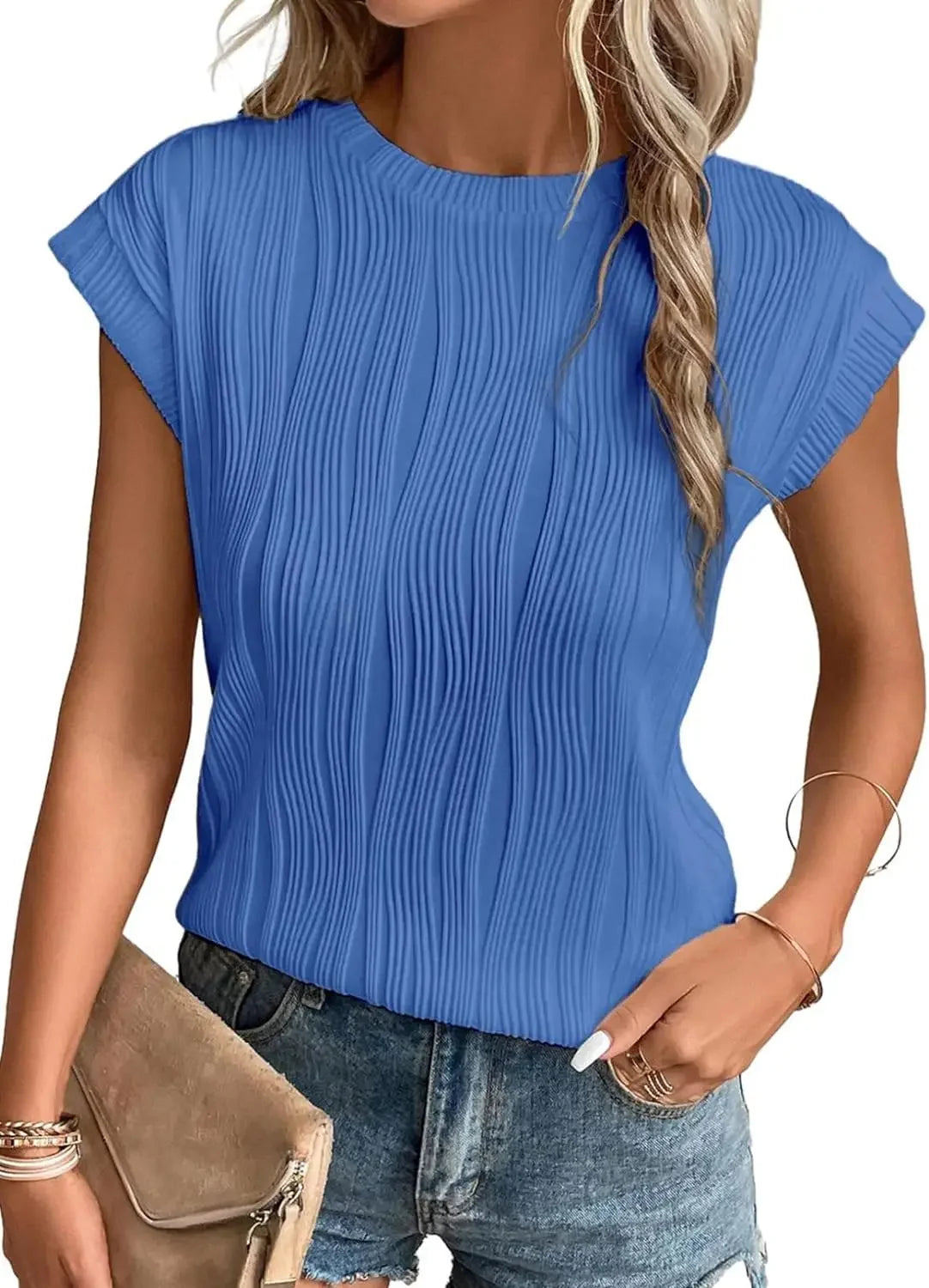 2025 Summer New Womens t-shirt Short Sleeve Textured Tops Crewneck Knit Solid Loose Casual Basic T Shirts Tee Blouses