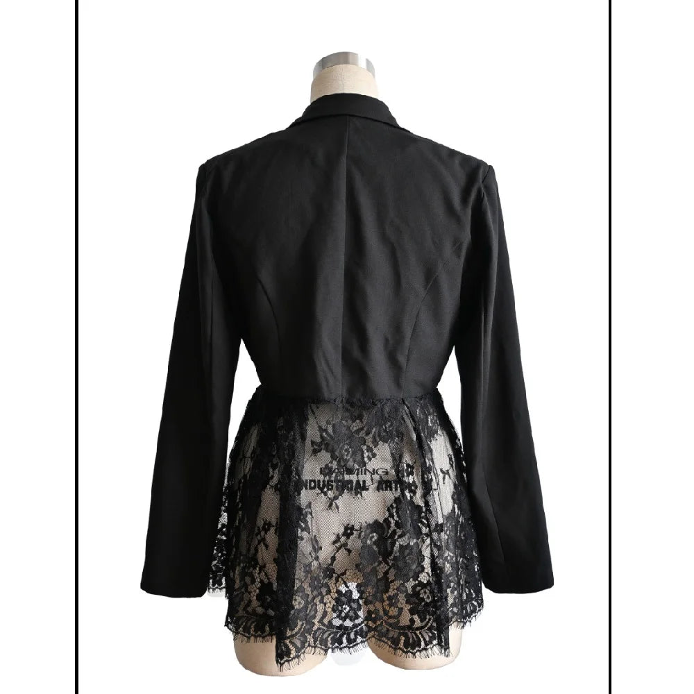 Women Elegant Blazer Suits Ladies Spring Autumn Long Sleeve Single Button Jackets Coats with Lace Hem