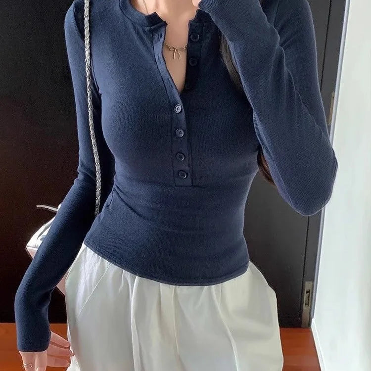 Sexy and Pure Button Up Long Sleeved T-shirt for Women, V-neck Slim Fit Bottom Top