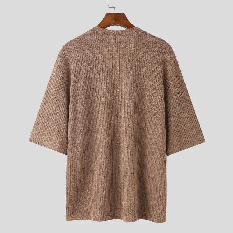 Summer Half Sleeve Knit T-Shirts Men Elastic Loose Tops Fashion V-Neck Casual Tees Male Knitting Pull On T Shirt Streetwear Man