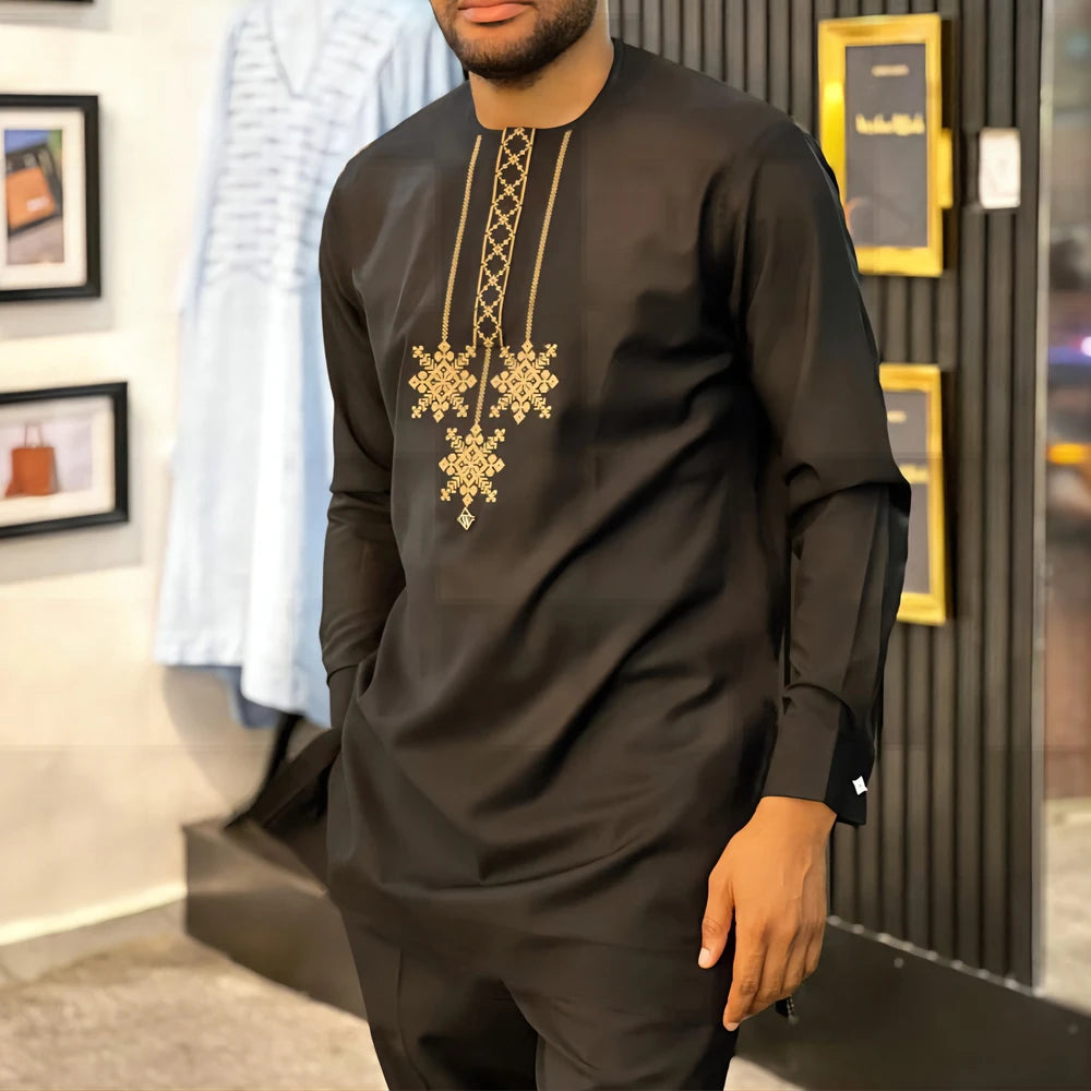 African Traditional Men Suit Printed Shirt Top Elastic Waist Pants White Wedding 2 Piece Set Outfits Ethnic Style Costumes