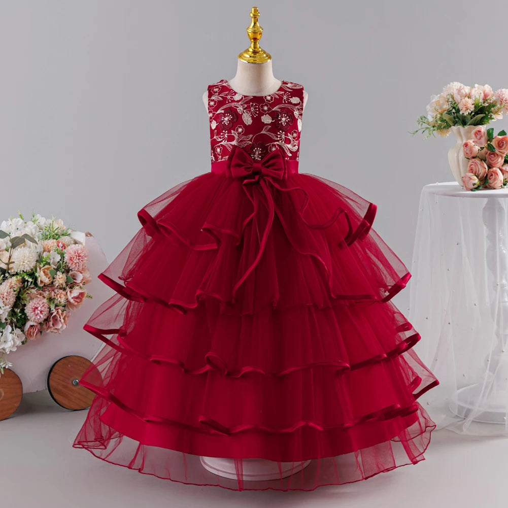 Girls Princess Dress Sleeveless Lace Embroidery Tiered Tulle Bow Formal Evening Gown for Wedding Birthday Party Christmas