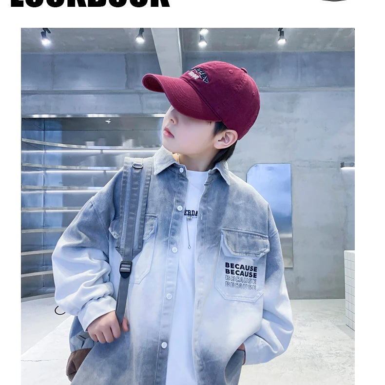Loose Teenage Boy Gray Gradient Denim Shirt Jacket For Child Age 5 6 7 8 9 10 11 12 13 14 Years Kids Casual Spring Clothing Coat