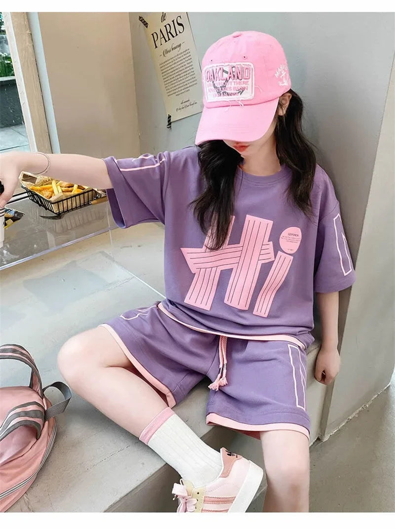 Girls T-Shirts Sets Clothes Kids Short Sleeve Tops+Shorts 2Pcs Children Clothes Suits Teen Loose Casual 2025 Outfits 5-14 Years