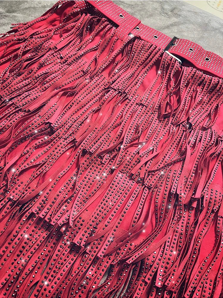 Women Skirt Fashion 2025 New Autumn High Waist Belt Multi Layer Short  Heavy Drilling Rhinestones Fringed Skirt with Cake A Line