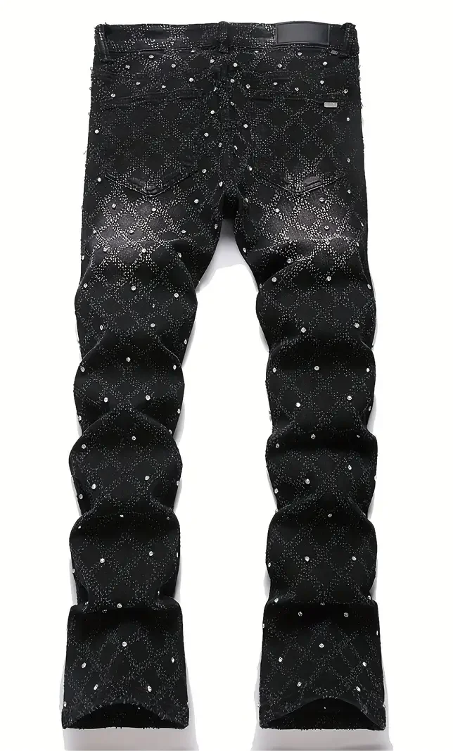 Men's Jeans with Nail Rhinestone Decoration, Shiny Stretch Straight-Leg Jeans, Street Style Hip-Hop Skateboarding Rap Party Dance Pants, Suitable for All Seasons