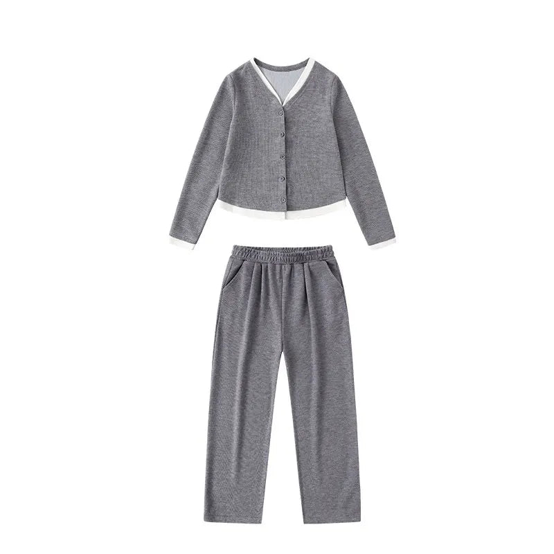 Korea Style Girls Casual Clothing Sets Single Button V-Neck Fake Splice Top and Pants Two Pieces Grey Khaki Kids Teenage Outfits