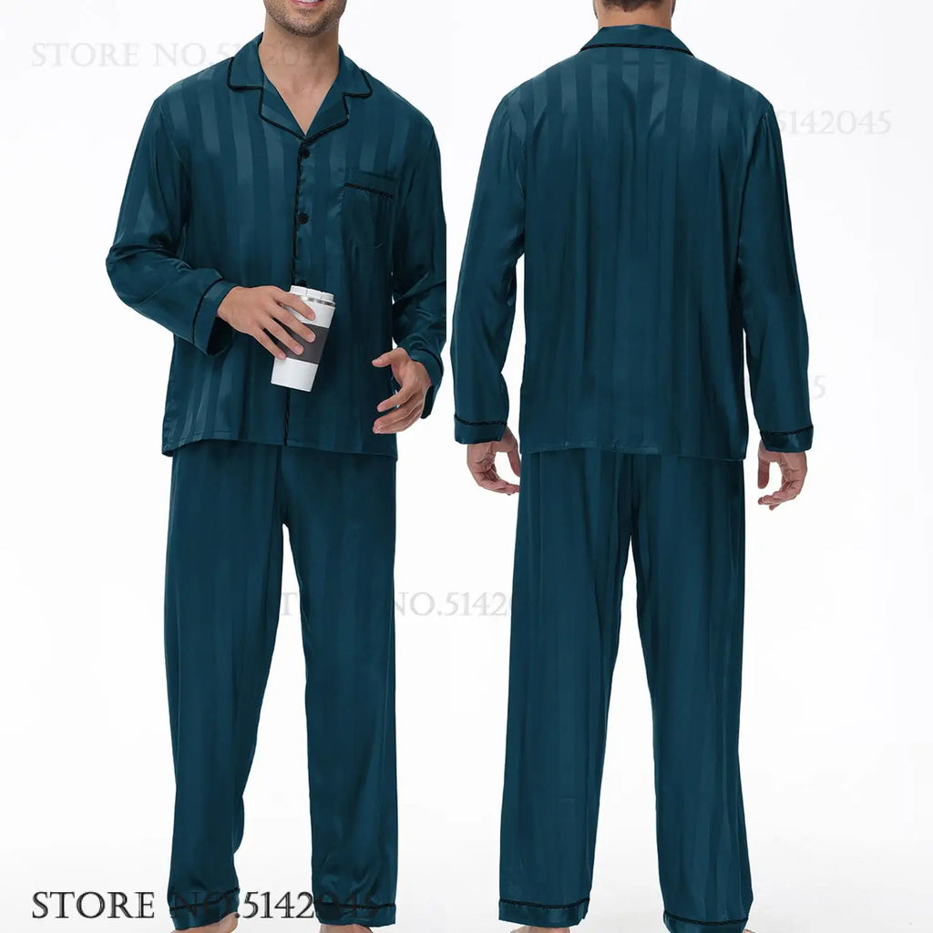 Men Pajamas Sleepwear 2PCS Set Navy Blue Stripes Long Sleeve Trouser Suits Home Clothes Male Loose Silk Satin Pijamas Loungewear