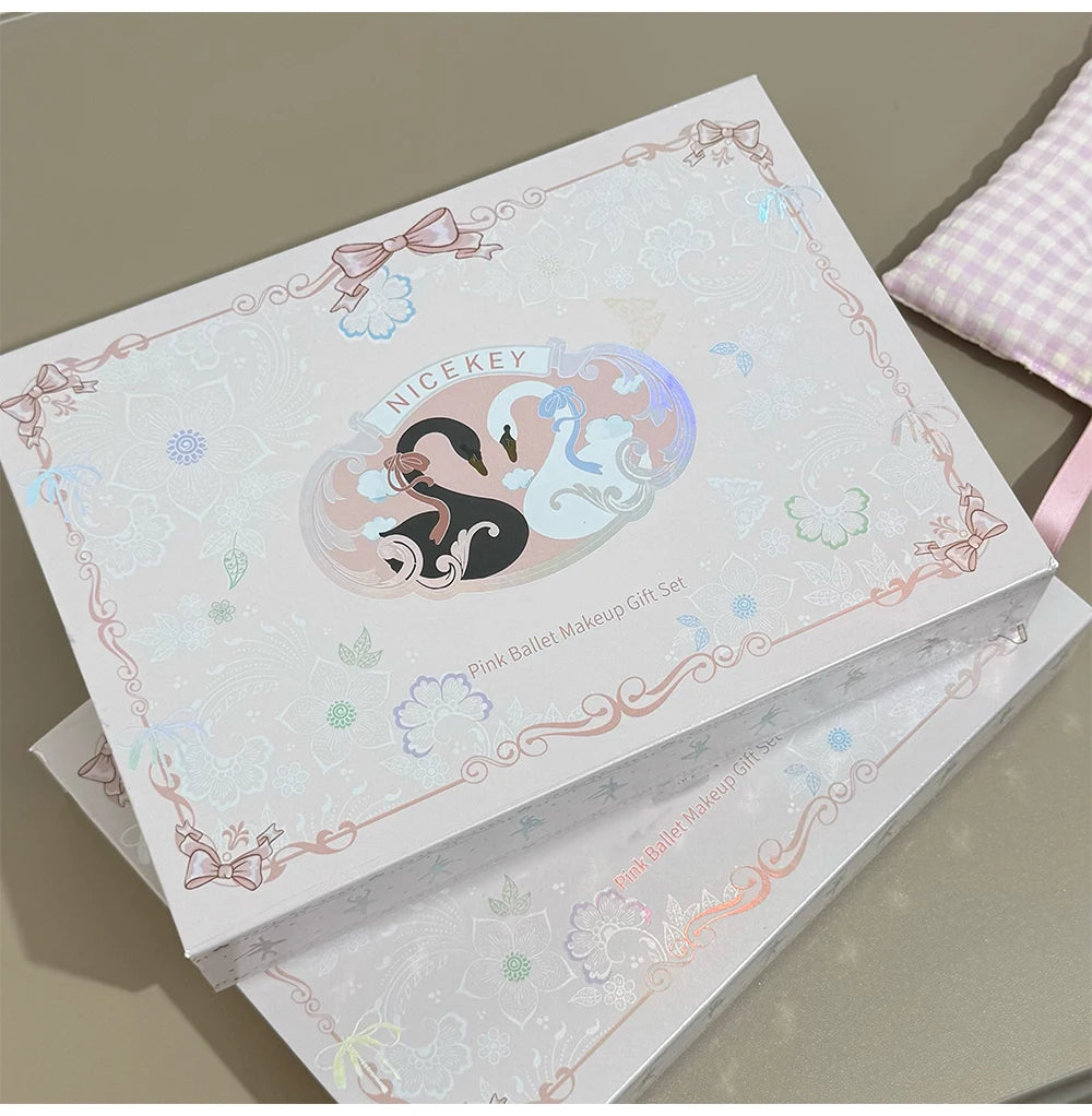 NICEKEY Pink Ballet Makeup Box Include 1*Lip mud,1*Pressed Powder,1*Highlight Powder,1*Eyeshadow Palette Powder With Necklace