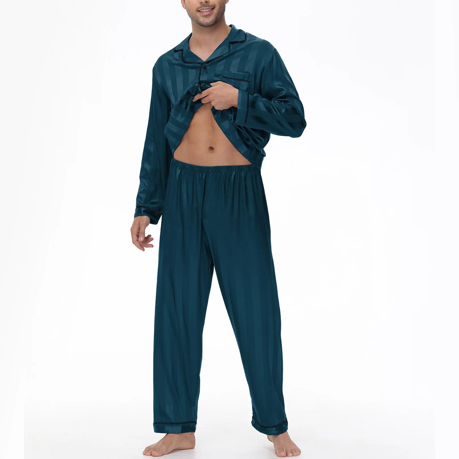 Men Pajamas Sleepwear 2PCS Set Navy Blue Stripes Long Sleeve Trouser Suits Home Clothes Male Loose Silk Satin Pijamas Loungewear