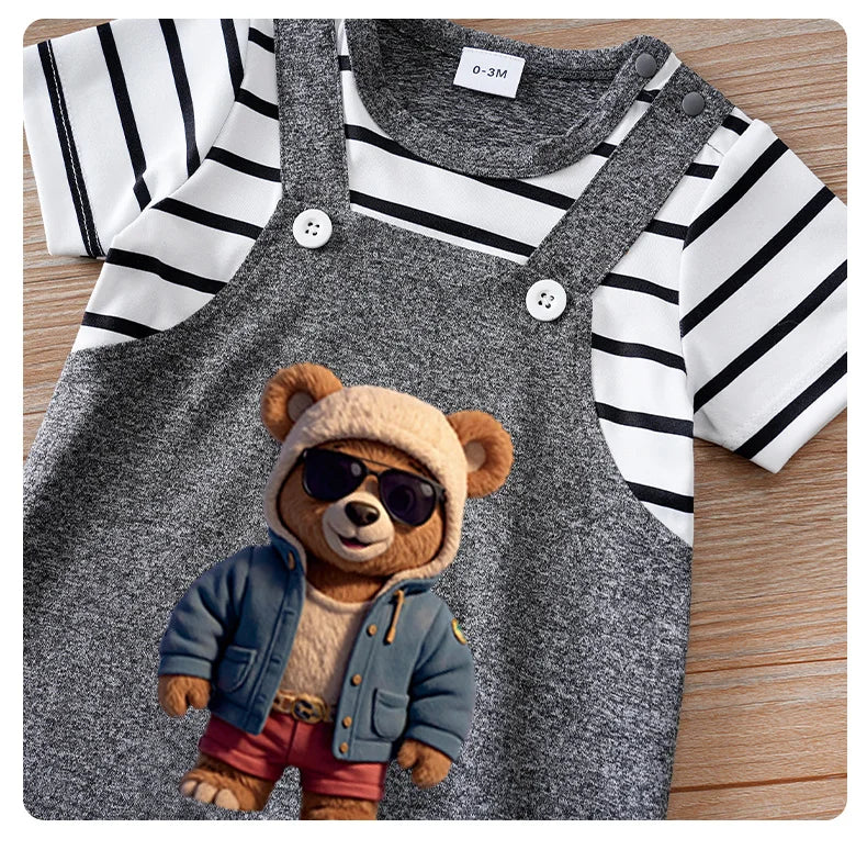 Summer short-sleeved 2-piece bear patterned striped round-neck romper for baby boys and girls in deep grey.