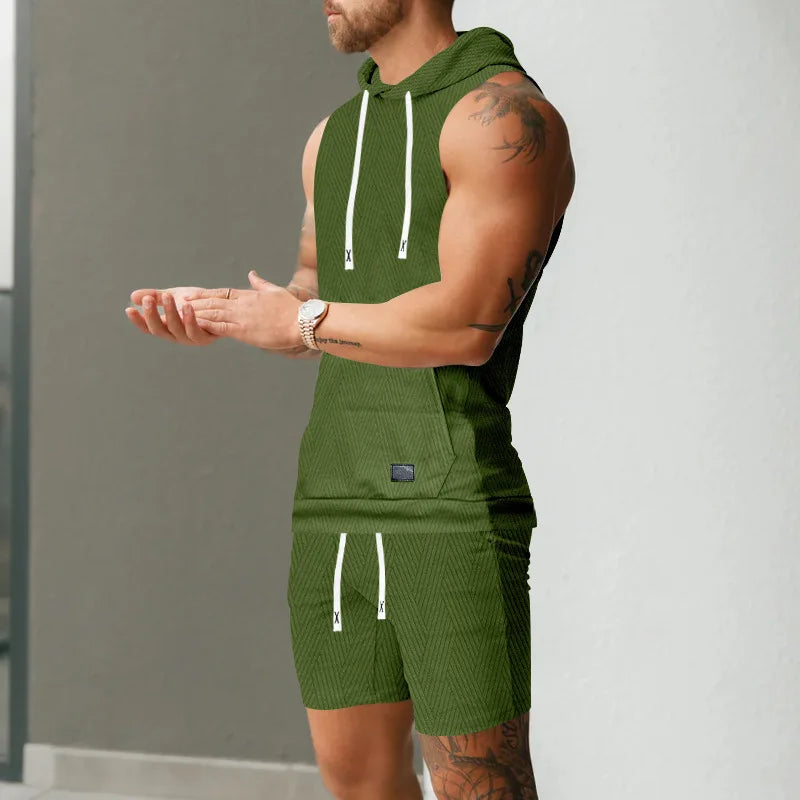 2026 Men's Casual 2 Piece Set Fashion Jacquard Knitted T-shirt Hooded Sleeveless Vest Elastic Waist Shorts Jogging Fitness Suit