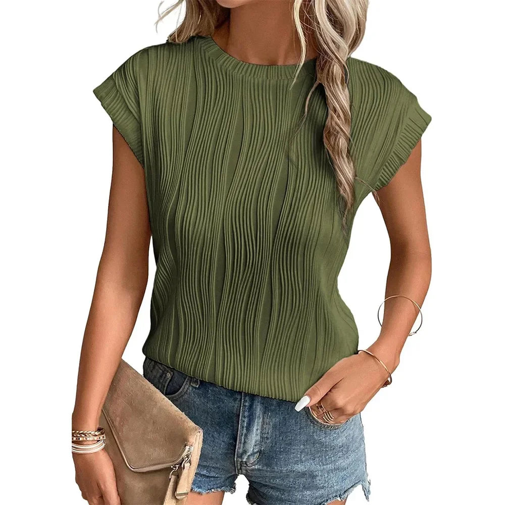 2025 Summer New Womens t-shirt Short Sleeve Textured Tops Crewneck Knit Solid Loose Casual Basic T Shirts Tee Blouses