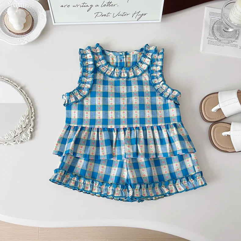 Girls 3-Piece Outfit Set – Blue Plaid Floral Sleeveless Top + Wide Leg Pants & Shorts, Summer Mix & Match Clothes