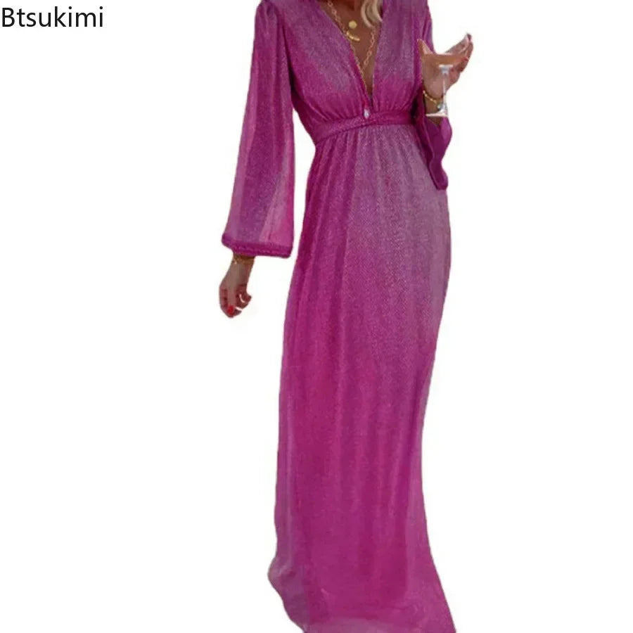 New 2026 Women's Sexy Evening Dresses Deep V-neck Gold Elegant Dress Female Wedding Party Long Formal Prom Party Gowns Vestidos