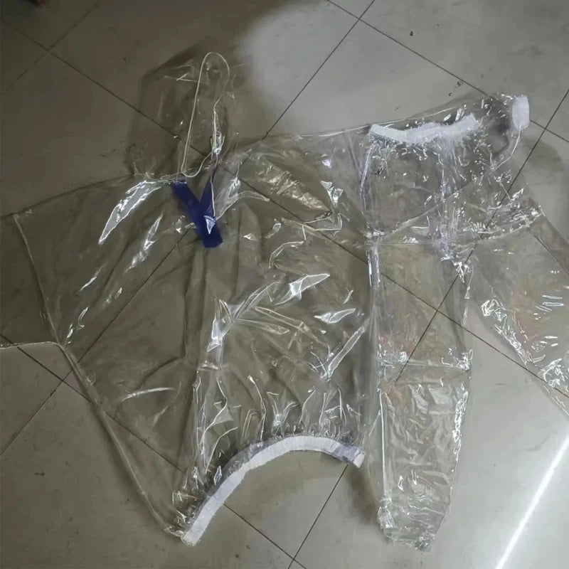 2-piece Men Women Set See Through Plastic Hooded T-shirt Pants Rainproof Long Sleeve Hoodie Trouser Waterproof Costumes