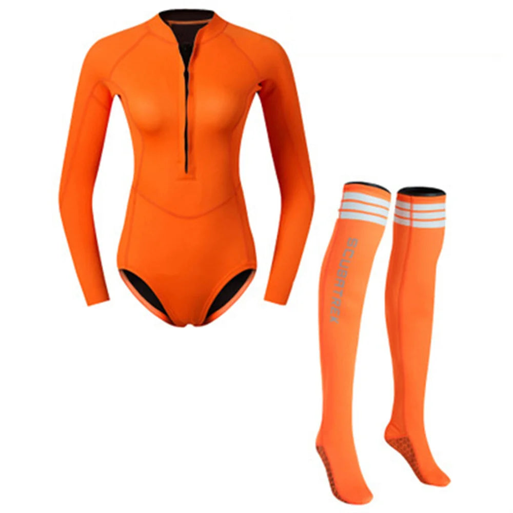 Summer Women 2MM Neoprene Bikini Wetsuit With Stocking Set Long Sleeve Diving Suit Sun-proof Surfing Snorkeling Thermal Swimwear