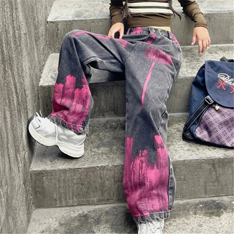Kids Jeans for Girls Fashion Graffiti Dyeing 2025 Spring Autumn Hot Sales Teenager Unique Wide Leg Pants Korean Style Trousers